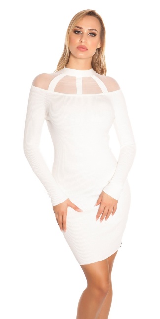geribde gebreide jurk met gaasstof wit